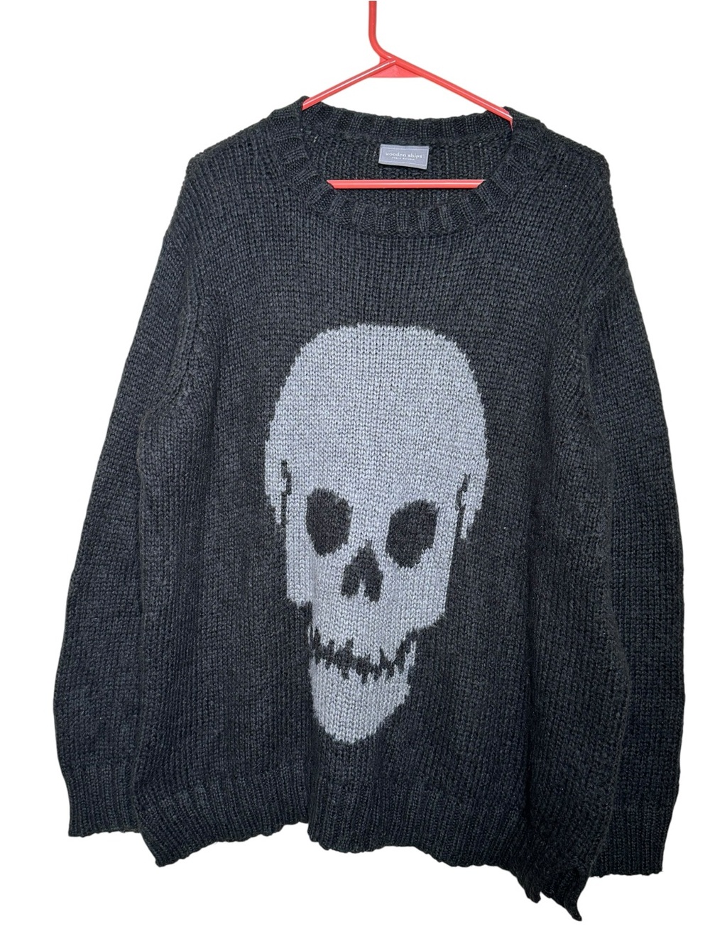 Wooden Ships Black Chunky Knit Skull Crewneck Sweater Size L Mohair Wool Blend
